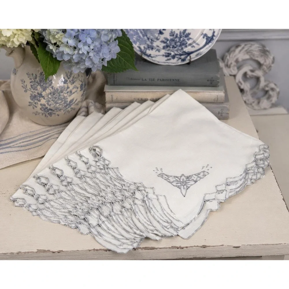 Vintage Set of 8 White Embroidered Napkins Blue Cutwork Scalloped Edge